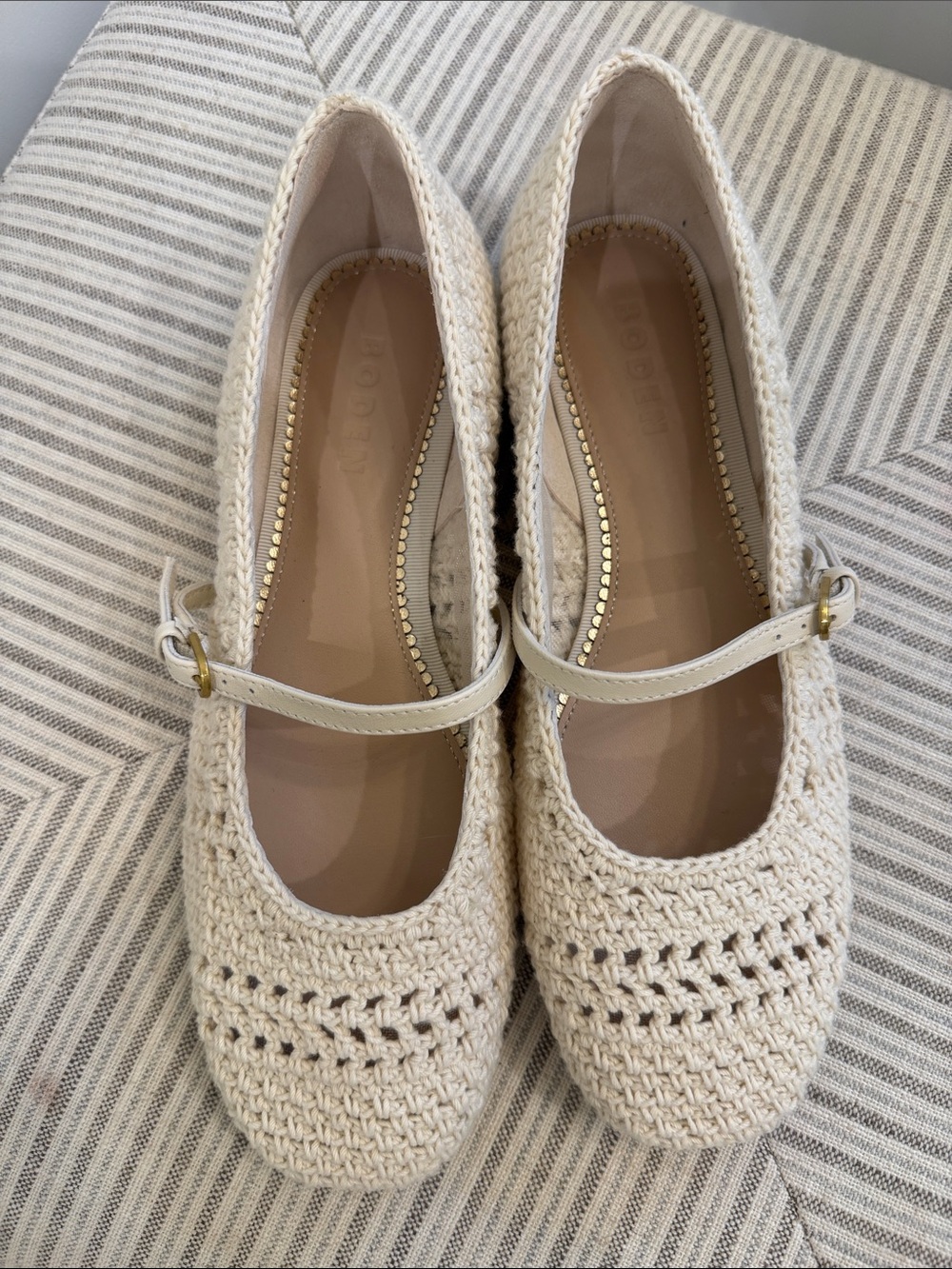 Boden Cream Crocheted Mary Jane Flats with Gold Buckle